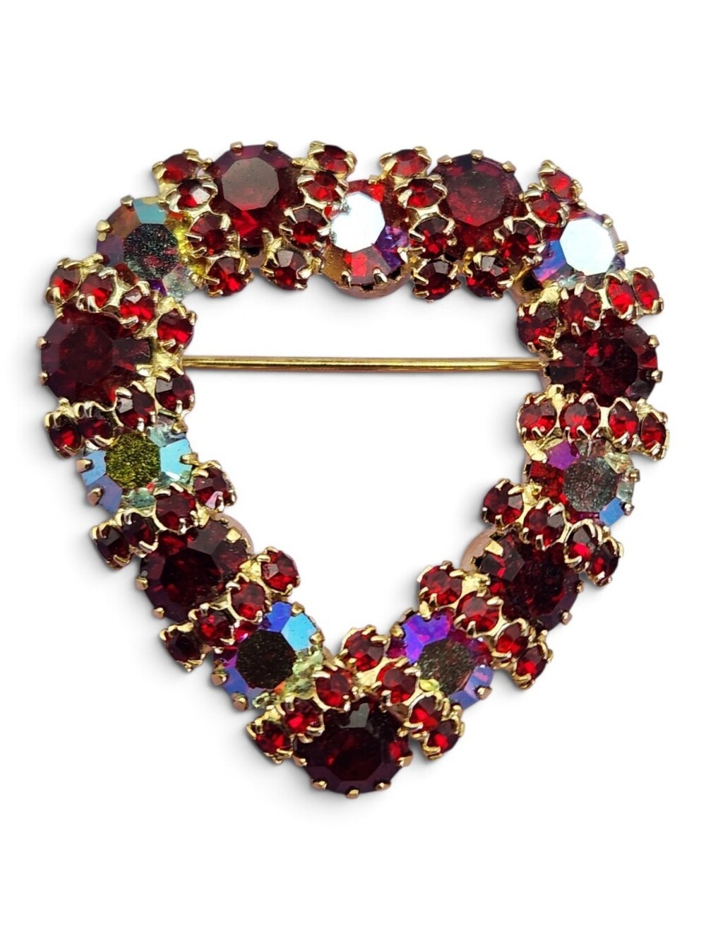 Vintage Red AB and Ruby Red Rhinestone Heart Brooch